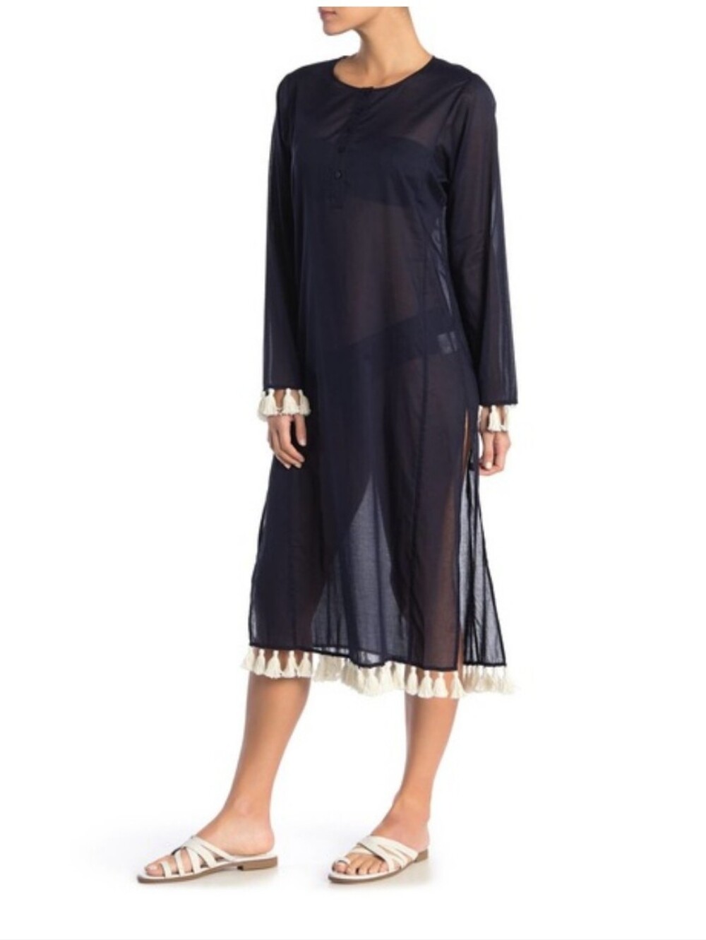 TORY BURCH "Sandy" Tassel  Navy Long Sleeve  Trim Cover-Up/Dress